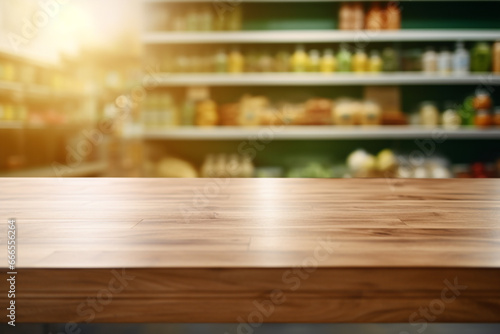 Top of surface wooden table with blurred grocery store  background.