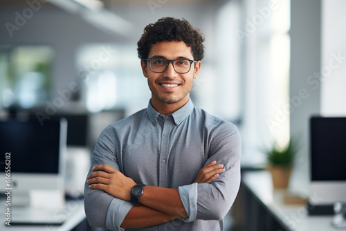 Young happy mixed race businessman standing with his arms crossed working alone in an office at work, One expert proud hispanic male boss smiling while standing in an office photo