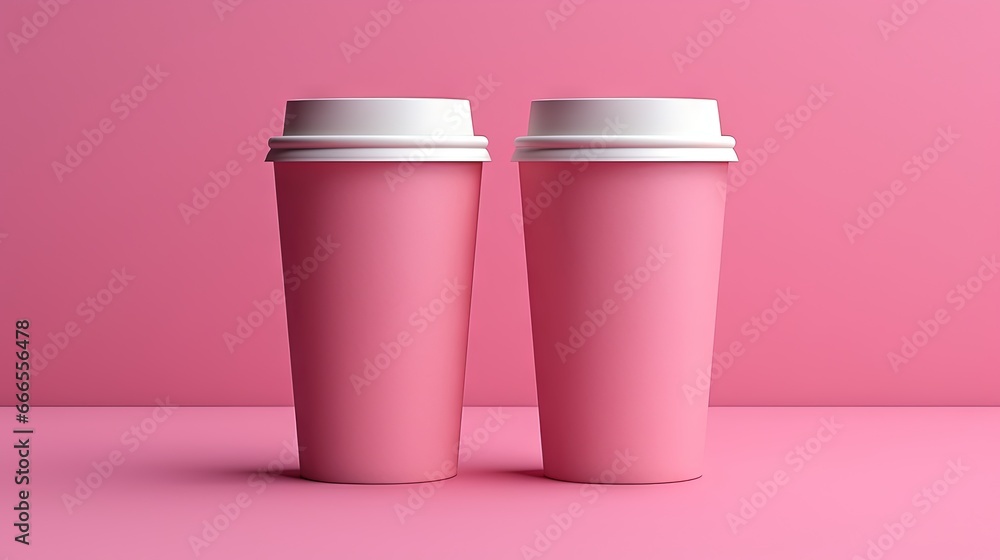 two pink coffee cups sitting on top of a pink surface. generative ai two pink coffee cups sitting on top of a pink surface. generative ai