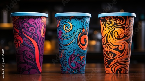  three colorful cups sitting on top of a wooden table next to each other. generative ai