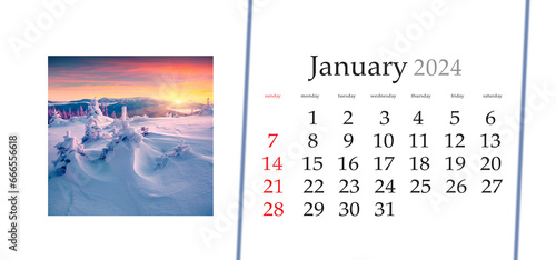 Set of horizontal flip calendars with amazing landscapes in minimal style. January 2024. Stunning morning view of snowy mountain walley at sunrise. Winter scene of Carpathian mountains in Ukraine.
