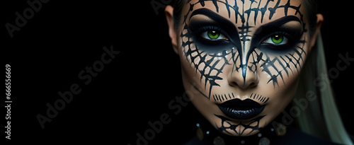 Lovely woman wears halloween makeup, has zombie image, looks with scaring expression, isolated over black background, free space for your promotion