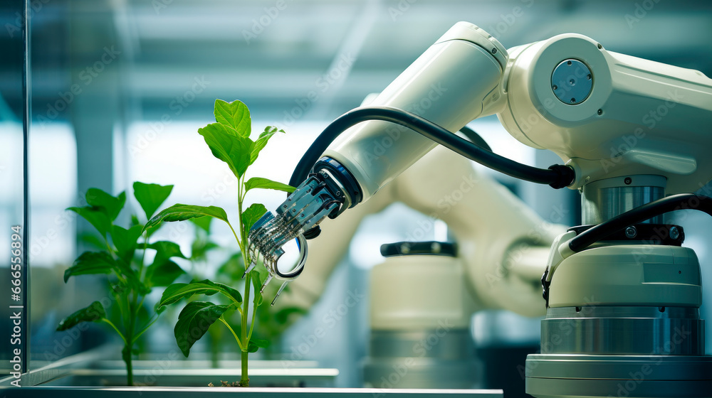 White robotic arm working in a bright laboratory with fresh green plant - obrazy, fototapety, plakaty 