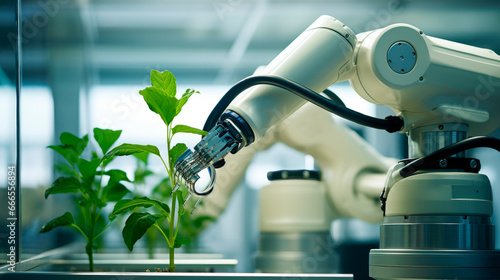 White robotic arm working in a bright laboratory with fresh green plant