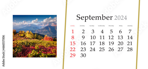 Set of horizontal flip calendars with amazing landscapes in minimal style. September 2024. Colorful autumn morning in Caucasus mountains. Morning in Upper Svaneti  Georgia  Europe.