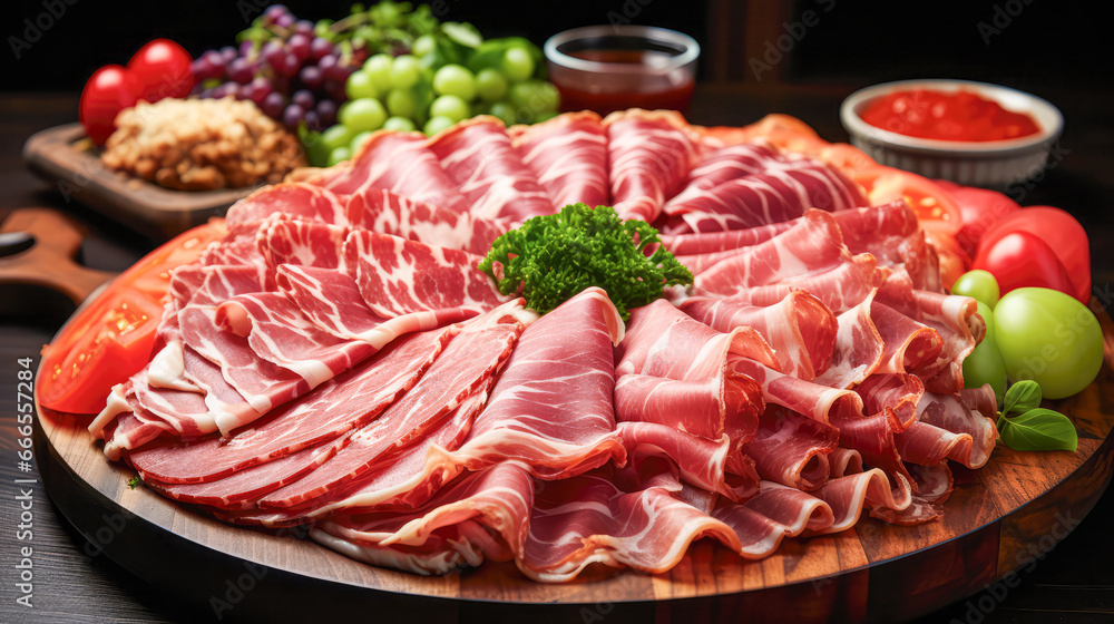 Slices of Italian serrano raw ham placed on a platter