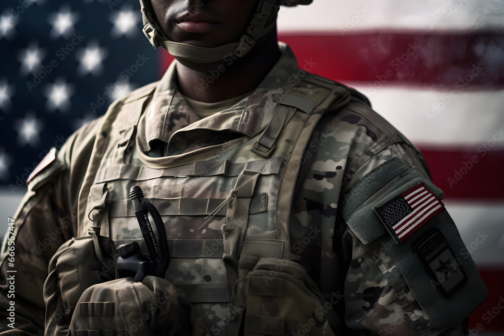 Close-Up eines afroamerikanischen Soldaten in Tarnkleidung vor der amerikanischer Flagge, erstellt mit generativer KI Close-Up eines afroamerikanischen Soldaten in Tarnkleidung vor der amerikanischer Flagge, erstellt mit generativer KI