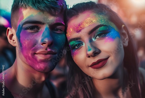 Young couple with multicolored painted faces. Boy and girl with colored faces at Holi festival. Generate ai