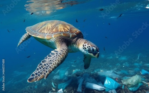 sea turtle swims in the ocean among the garbage © say_hope