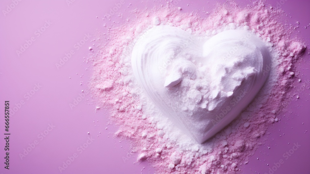  a white heart shaped object with pink powder on a purple background.  generative ai