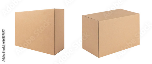 Set of blank brown cardboard boxes for mockups and designs, isolated on a transparent background with a PNG cutout or clipping path.