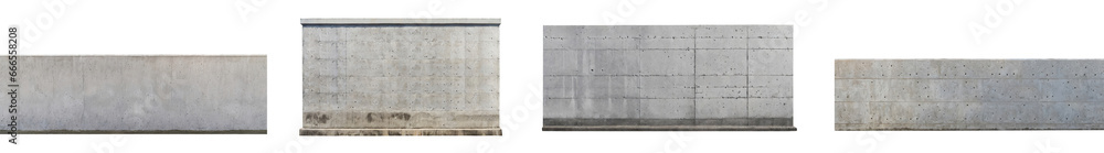 Set of concrete cement walls, building barriers or borders, isolated on a transparent background. PNG, cutout, or clipping path.