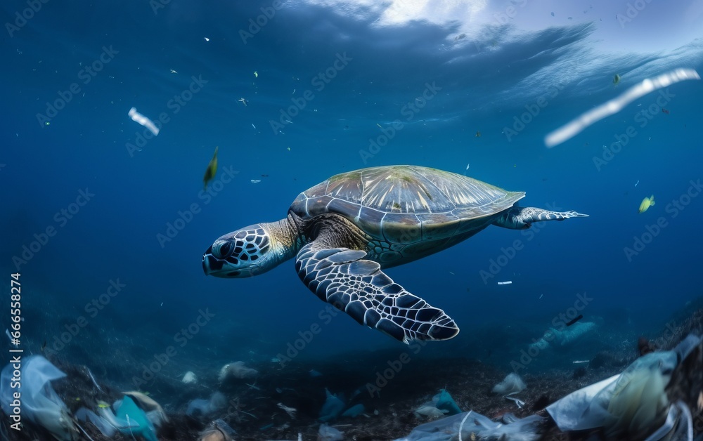 Fototapeta premium sea turtle swims in the ocean among the garbage