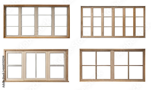 Collection of real vintage wooden house window frame sets  isolated on a transparent background with a PNG cutout or clipping path.
