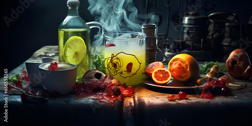 Modern fruit Hookah bowl with orange and a lot of fresh fruits with  red hot coconut coals charcoal with a lot of smoke at black background Generative Ai