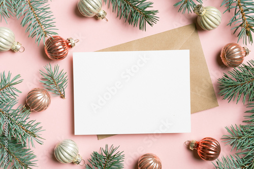 Merry Christmas and Happy New Year card mockup with winter holidays decor, flat lay with copy space