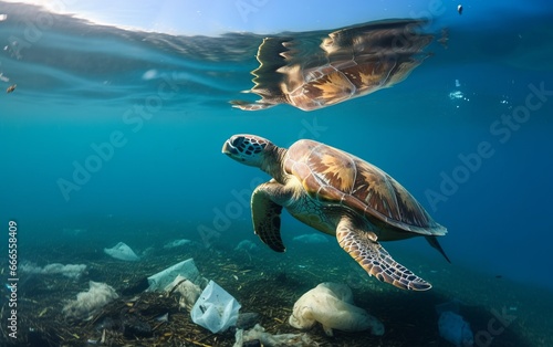 sea turtle swims in the ocean among the garbage