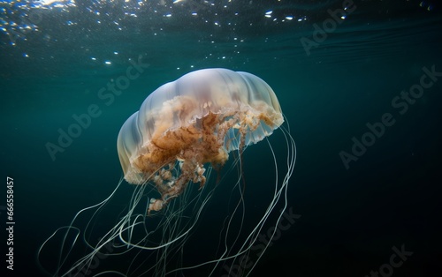 a jellyfish swims in the ocean. close-up