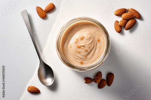Almond cream in the jar with almond nuts. Top view composition. Copy space, add text or logo. Generative Ai