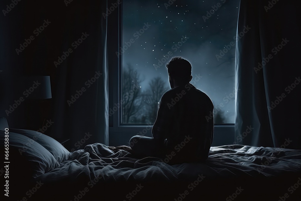Depressed Man Sitting Alone In Bed Near Window Depressed Man Sitting Alone In Bed Near Window