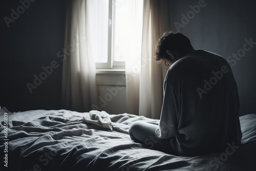 Depressed Man Sitting Alone In Bed Near Window
