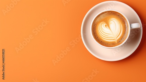  a cup of coffee on an orange background with a heart in the foam. generative ai