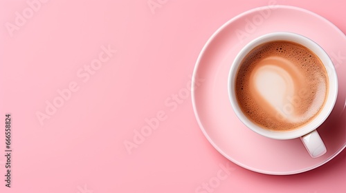  a cup of coffee on a saucer on a pink background. generative ai