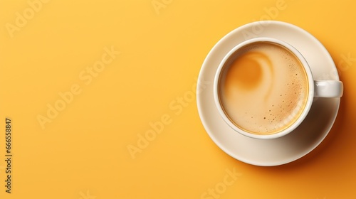  a white cup of coffee on a yellow background with a spoon. generative ai