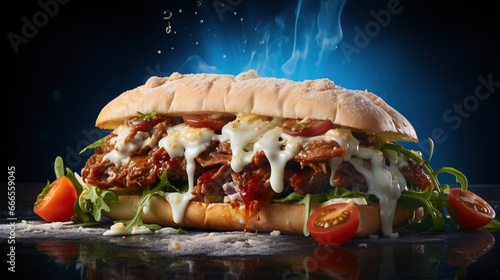  a sandwich with meat, cheese, tomatoes and lettuce.  generative ai