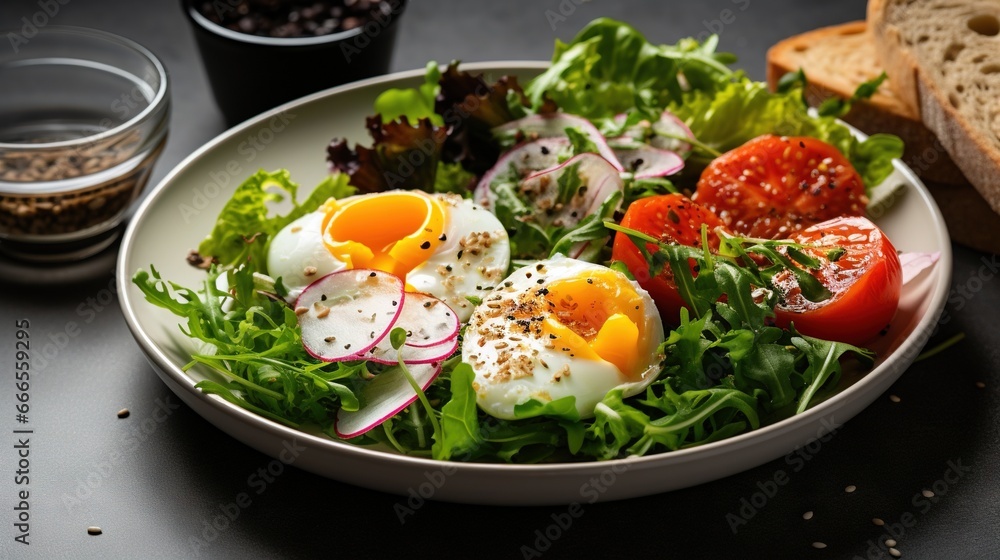  a plate of salad with hard boiled eggs on top of it.  generative ai