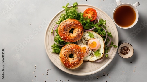  a plate of bagels with eggs, tomatoes, lettuce and onions.  generative ai