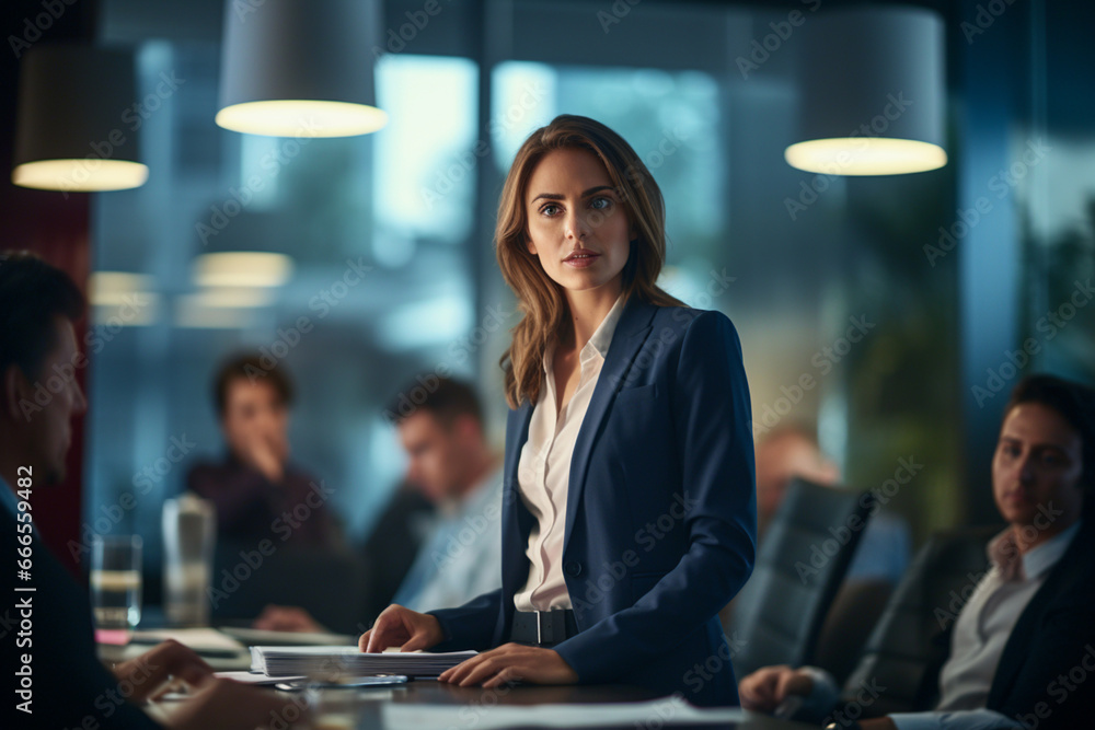 Young businesswoman leading a discussion during a meeting - obrazy, fototapety, plakaty 