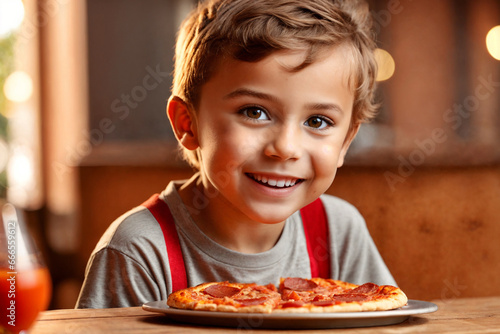 The boy is eating pizza in restaurant or pizzeria. Generative Ai.