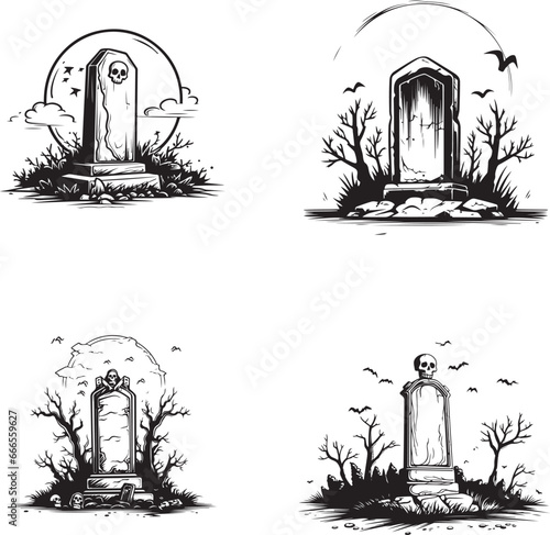 Creepy Halloween  Headstones Graveyard  with bats and Trees Coffins Zombies silhouette vector isolated on white background 