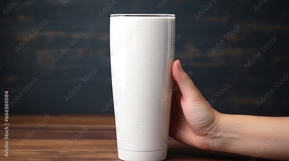 a hand holding a white cup on top of a wooden table. generative ai a hand holding a white cup on top of a wooden table. generative ai
