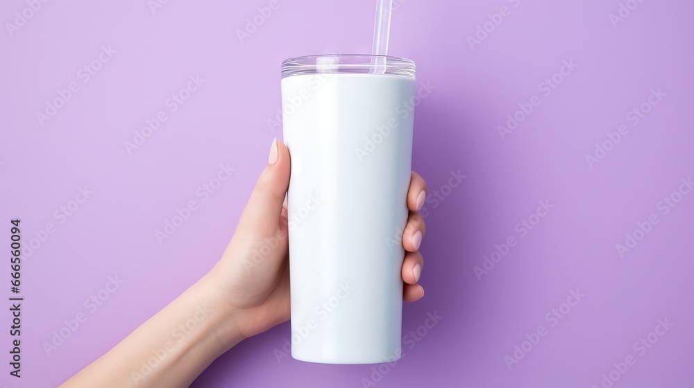 a hand holding a glass of milk on a purple background. generative ai a hand holding a glass of milk on a purple background. generative ai