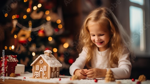 Cute little girl is building a gingerbread house in a cosy, festively decorated home. The warm glow of Christmas lights enhancing the holiday mood and advent time. Happy kid in beautiful home.