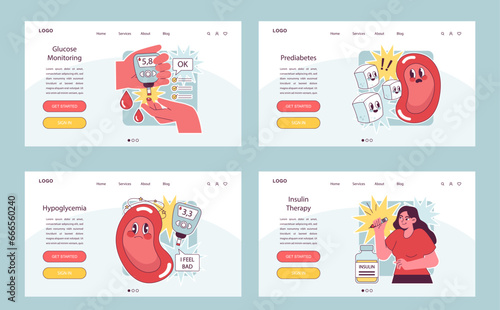 Diabetes web banner or landing page set. Measuring sugar blood