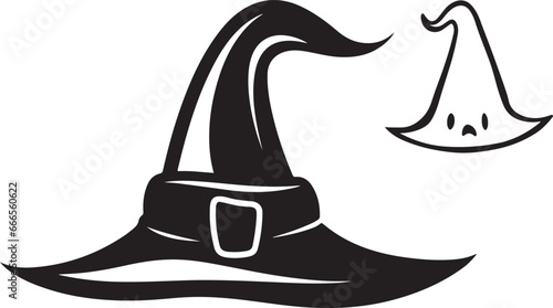  Black Hats Vector  Halloween Witch Hat Icon Set Closeup Isolated on white background Front View Design Template of Witches Hat. Autumn Holidays, Halloween Concept