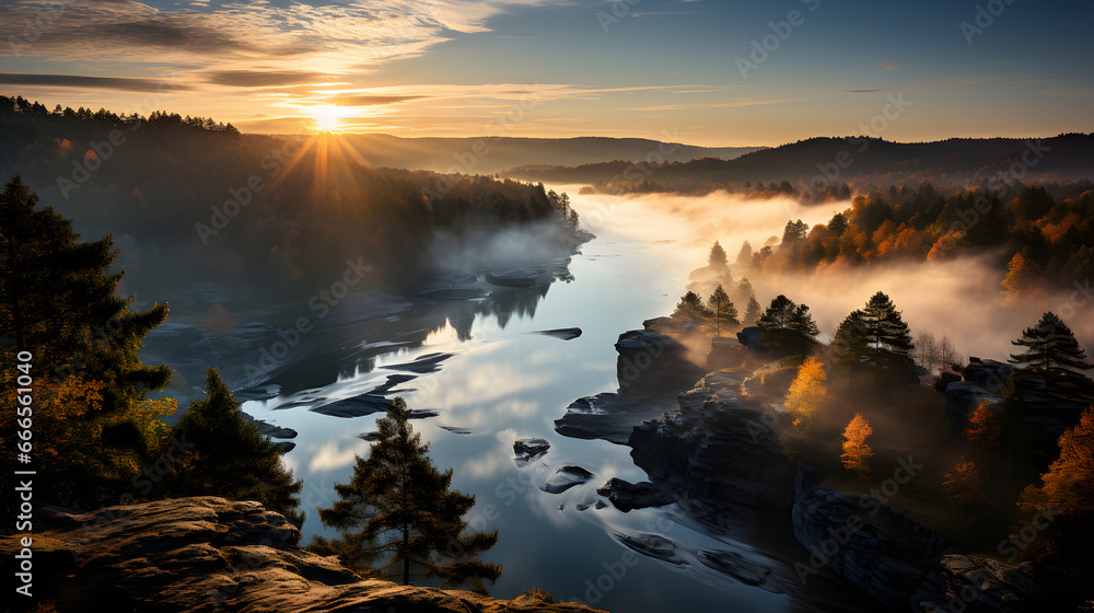 Sunrise Sunset Over Misty Landscape. Scenic View Of Foggy Morning Sky With Rising Sun Above Misty Forest And River - obrazy, fototapety, plakaty 