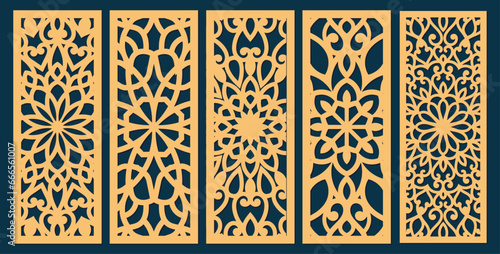 Set of laser cut templates with geometric pattern. For metal cutting, wood carving, panel decor, paper art, stencil or die for fretwork, card background design. Vctor illustration	