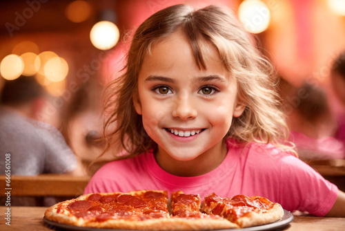 A pretty curly blonde girl eating pizza in italian restaurant. Portrait of child with long blonde hair and a pink t-shirt. Generative Ai.