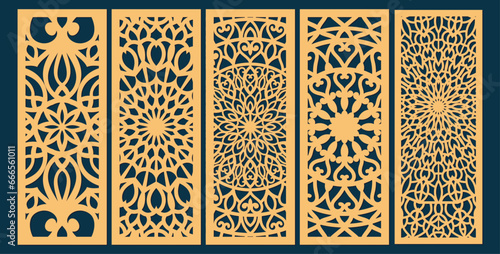 Set of laser cut templates with geometric pattern. For metal cutting, wood carving, panel decor, paper art, stencil or die for fretwork, card background design. Vctor illustration