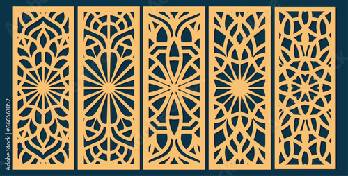 Set of laser cut templates with geometric pattern. For metal cutting, wood carving, panel decor, paper art, stencil or die for fretwork, card background design. Vctor illustration
