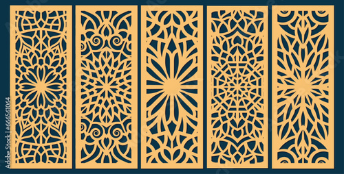 Big set of vertical panels, gratings. Abstract ornament, geometric, classic, oriental pattern, floral and plant motifs. Template for plotter laser cutting of paper, metal engraving, wood carving, cnc