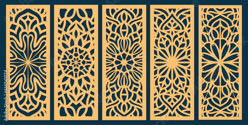 Big set of vertical panels, gratings. Abstract ornament, geometric, classic, oriental pattern, floral and plant motifs. Template for plotter laser cutting of paper, metal engraving, wood carving, cnc. photo