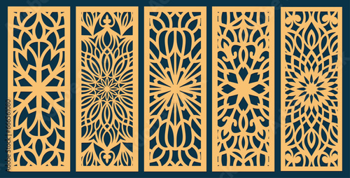 Set of laser cut templates with geometric pattern. For metal cutting, wood carving, panel decor, paper art, stencil or die for fretwork, card background design. Vctor illustration 