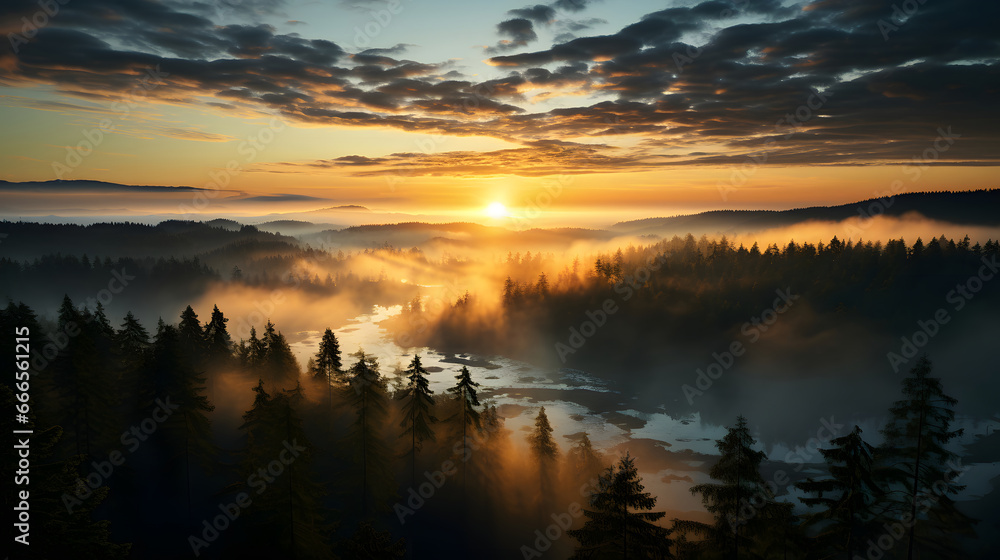 Sunrise Sunset Over Misty Landscape. Scenic View Of Foggy Morning Sky With Rising Sun Above Misty Forest And River