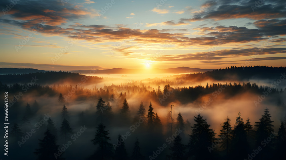 Sunrise Sunset Over Misty Landscape. Scenic View Of Foggy Morning Sky With Rising Sun Above Misty Forest And River