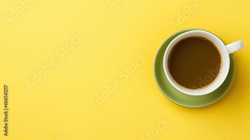minimalist yellow background with a Tea cup, cappuccino, coffee , top view with empty copy space